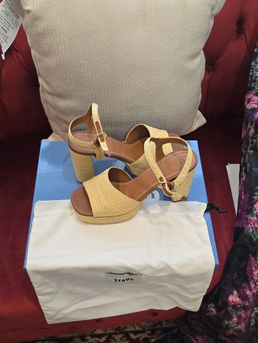 STAUD Yellow Raffia Platform Sandals with Ankle Strap